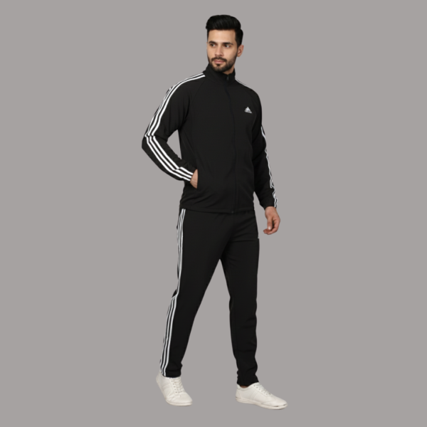 Adidas Striped Men Black Track Suit (White Jacket & Track Pant)