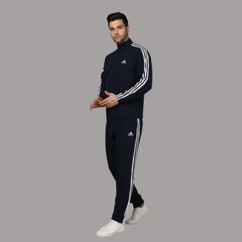 Adidas Striped Men Blue Track Suit (Jacket & Track Pant)