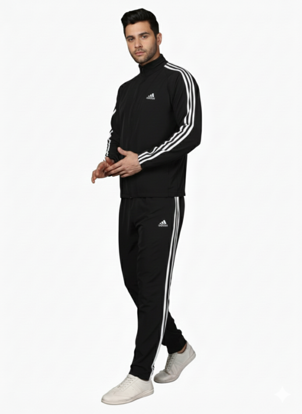 Adidas Striped Men Black Track Suit (White Jacket & Track Pant)