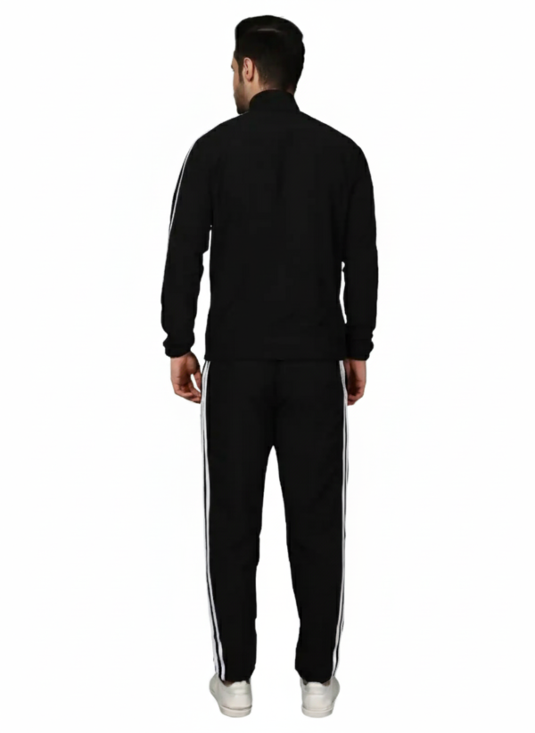 Adidas Striped Men Black Track Suit (Jacket & Track Pant)